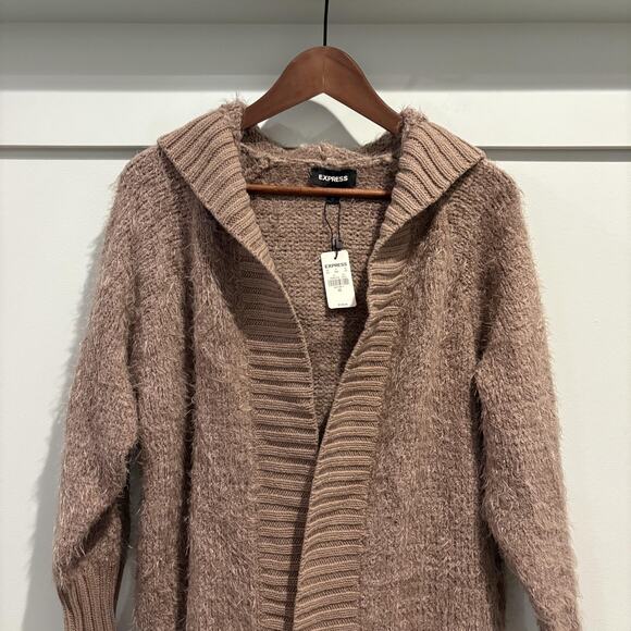 NWT Express Sweater Womens XS Tan Mocha Hooded Open Front Cardigan Cozy Fuzzy - Picture 3 of 13